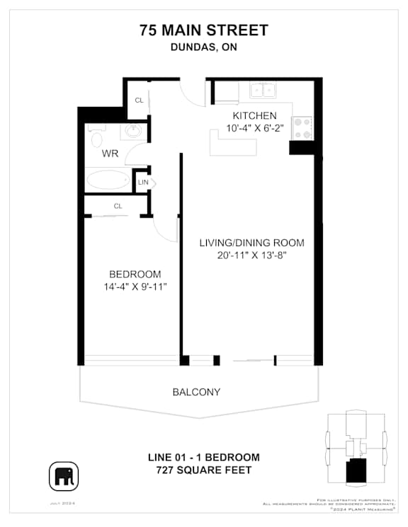 A floor plan for 75 Main Street shows a kitchen, living room, and bedroom.