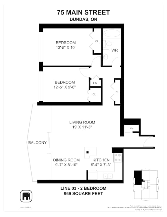 A floor plan for a 2 bedroom apartment at 75 Main Street, Dundas, ON.