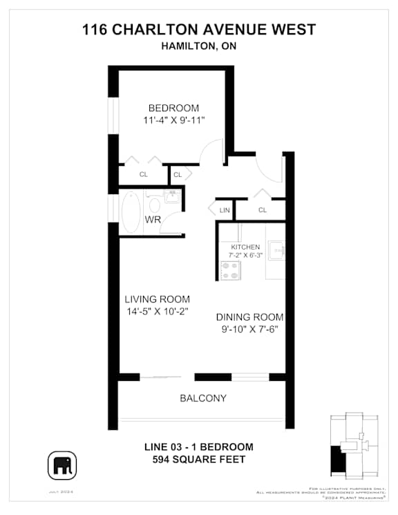 A floor plan for a condo at 116 Charlton Avenue West in Hamilton, Ontario.