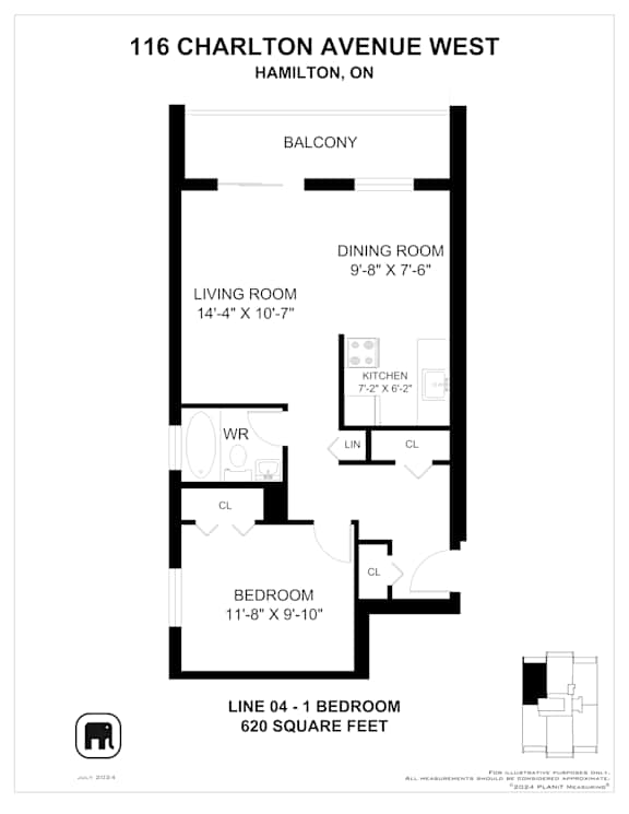 A floor plan for a condo at 116 Charlton Avenue West in Hamilton, Ontario.