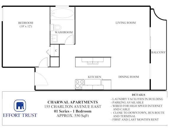 A floor plan of a one bedroom apartment with a living room, kitchen, and bathroom.