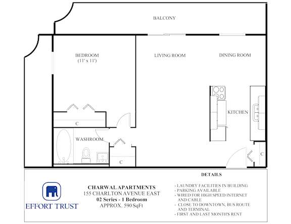 A floor plan of a one bedroom apartment with details about the apartment.