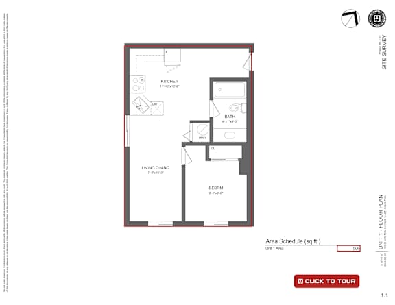 A floor plan of a 1 bedroom apartment with a living room and kitchen.