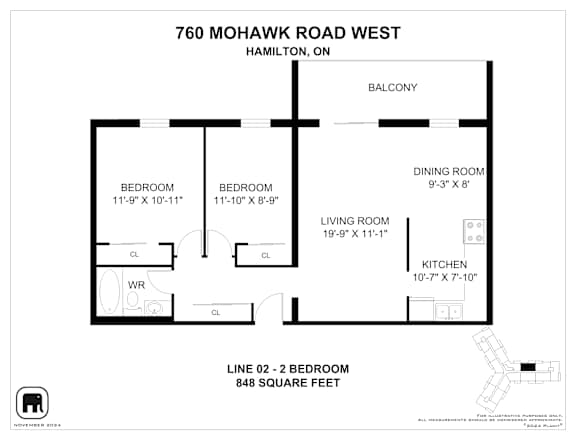A floor plan for a home at 760 Mohawk Road West in Hamilton, ON, showing two bedrooms, a living room, a dining room, a kitchen, a balcony, and a laundry room.