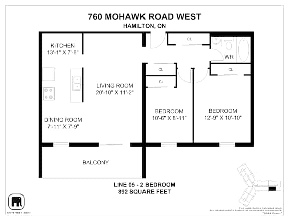 A floor plan for a two bedroom apartment at 760 Mohawk Road West, Hamilton, ON.