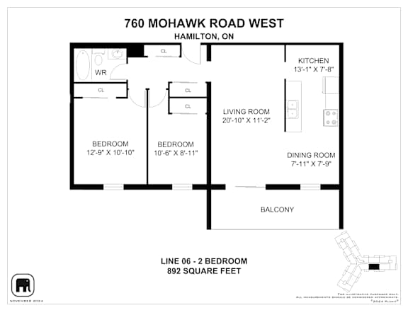 A floor plan for a home at 760 Mohawk Road West in Hamilton, ON, showing the layout of the bedrooms, living room, kitchen, dining room, and balcony.