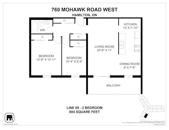 A floor plan for a home at 760 Mohawk Road West in Hamilton, ON, showing the layout of the bedrooms, living room, dining room, kitchen, and balcony.