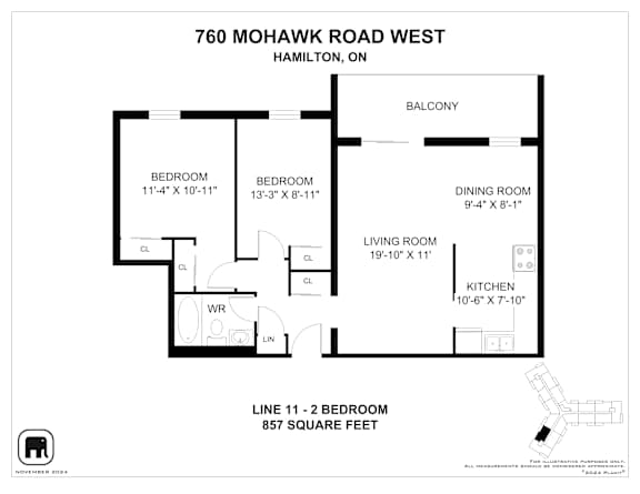 A floor plan for a home at 760 Mohawk Road West in Hamilton, ON is laid out in black and white.