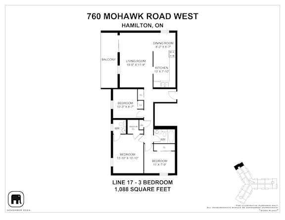 A floor plan for a three bedroom apartment at 760 Mohawk Road West, Hamilton, ON.
