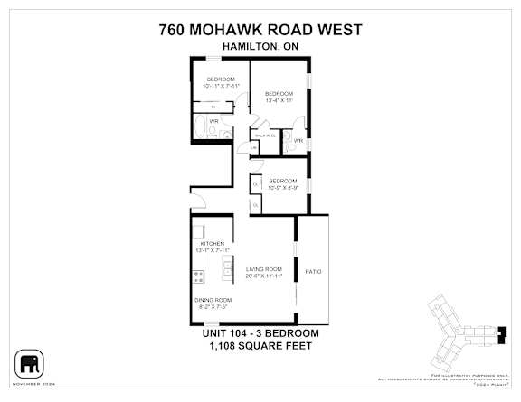 A floor plan for a 1,108 square feet unit at 760 Mohawk Road West, Hamilton, ON.