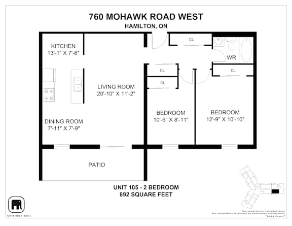 A floor plan for a two bedroom apartment at 760 Mohawk Road West, Hamilton, ON.