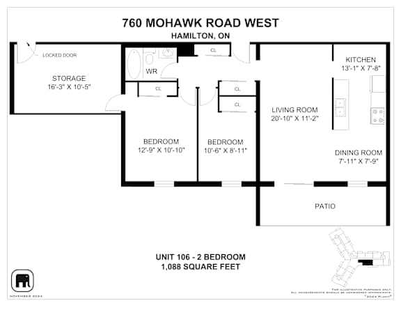 A floor plan for a 1,088 square foot unit at 760 Mohawk Road West in Hamilton, ON.