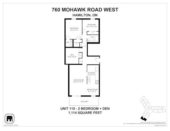 A floor plan for a two bedroom, one bathroom apartment.