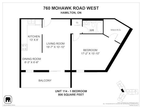 A floor plan for a unit at 760 Mohawk Road West in Hamilton, ON, showing a living room, dining room, kitchen, bedroom, and balcony.