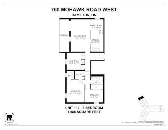 A floor plan for a unit at 760 Mohawk Road West, Hamilton, ON, showing a living room, dining room, kitchen, and three bedrooms.