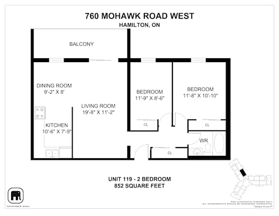 A floor plan for a unit at 760 Mohawk Road West in Hamilton, Ontario.