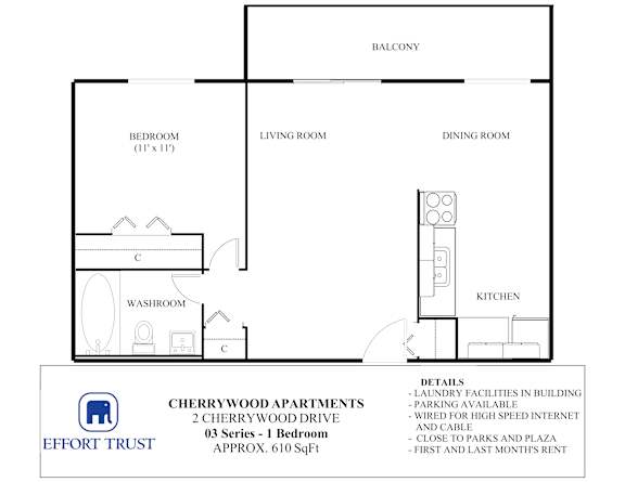A floor plan for Cherrywood Apartments shows a bedroom, living room, dining room, kitchen, and washroom.