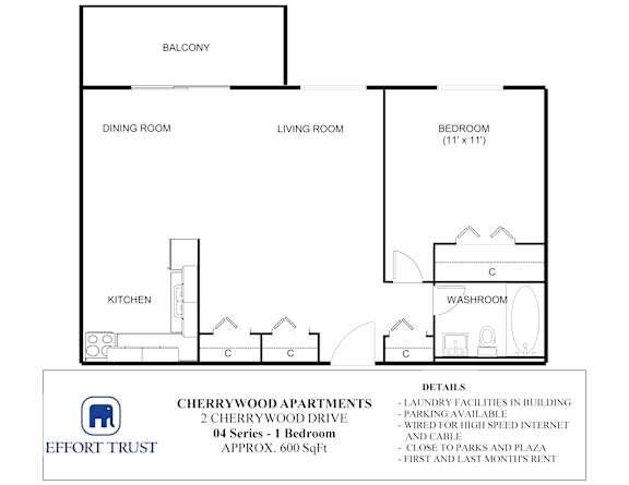 A floor plan for Cherrywood Apartments shows a bedroom, living room, dining room, kitchen, and a washroom.