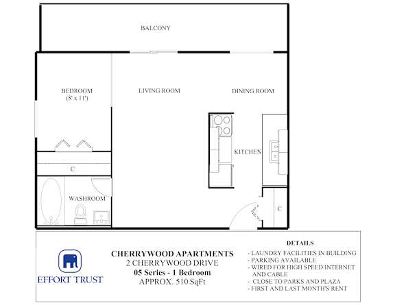A floor plan for Cherrywood Apartments shows a bedroom, living room, dining room, kitchen, and bathroom.