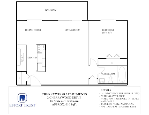A floor plan for Cherrywood Apartments shows a living room, dining room, kitchen, and bedrooms.