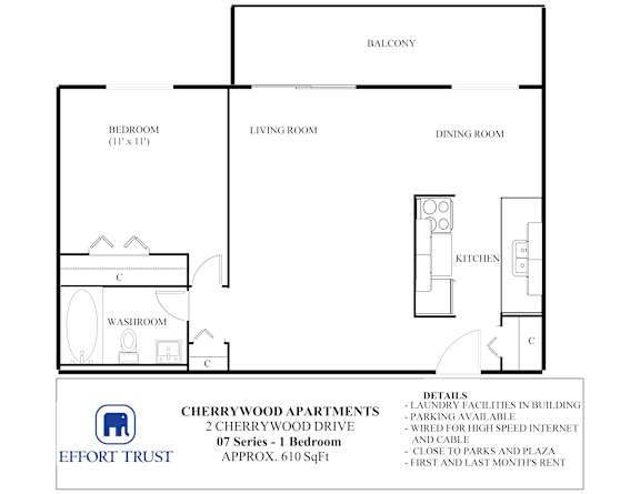 A floor plan for a 2 Cherrywood Drive apartment.
