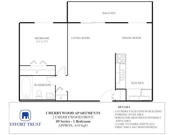 A floor plan for a 1 bedroom apartment at Cherrywood Apartments.