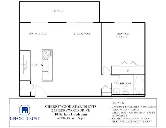 A floor plan for a 1 bedroom apartment in Cherrywood Apartments.