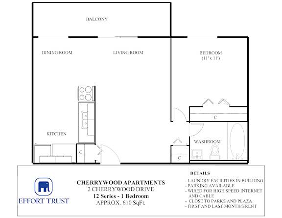 A floor plan for Cherrywood Apartments shows a kitchen, living room, dining room, bedroom, and bathroom.