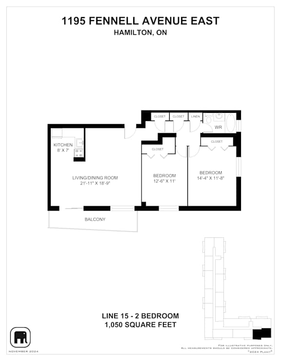 A floor plan for an apartment at 1195 Fennell Avenue East in Hamilton, Ontario.