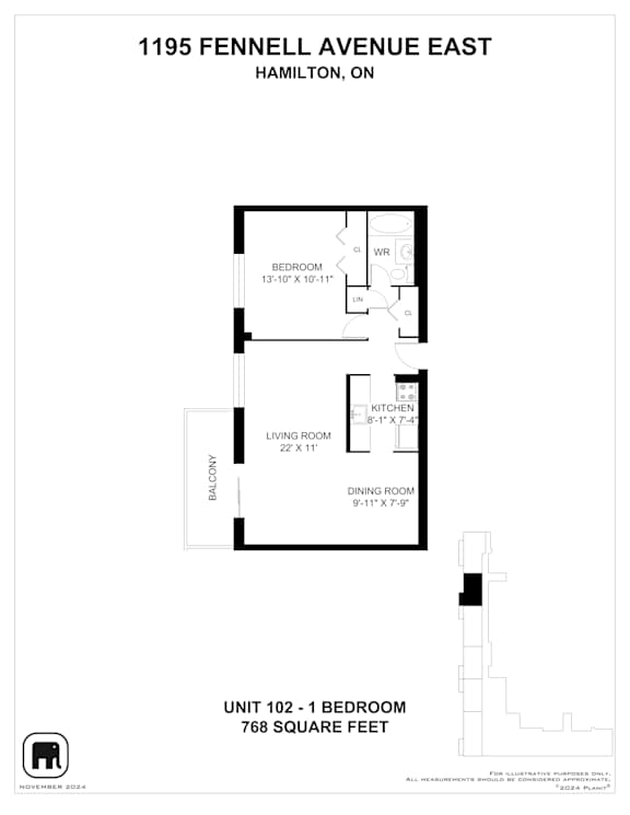A floor plan for a unit at 1195 Fennell Avenue East in Hamilton, Ontario.