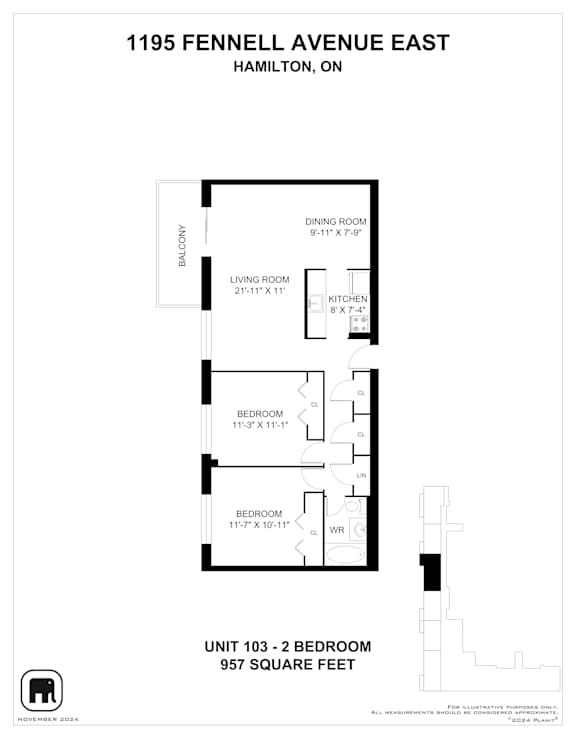 A floor plan for a unit at 1195 Fennell Avenue East in Hamilton, Ontario.