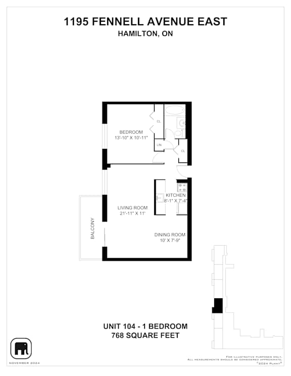 A floor plan for a unit at 1195 Fennell Avenue East in Hamilton, Ontario.