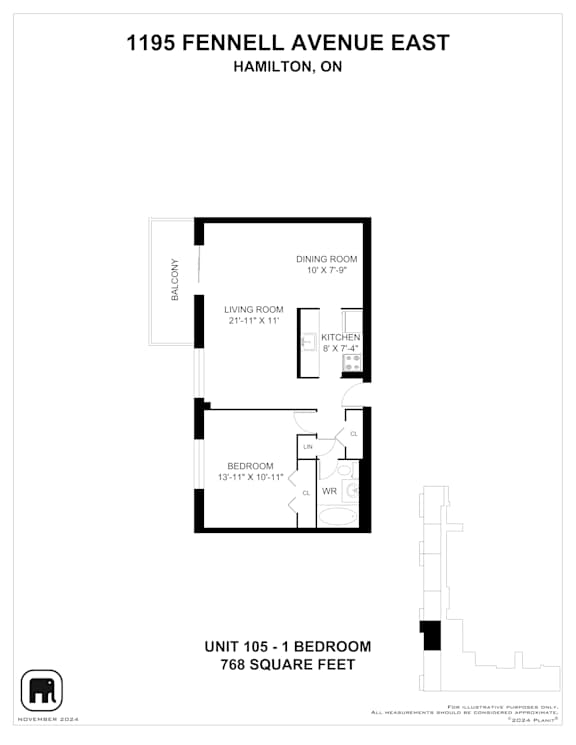 A floor plan for a unit at 1195 Fennell Avenue East in Hamilton, Ontario.