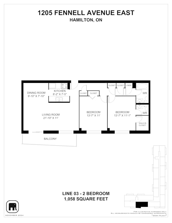 A floor plan for a two bedroom apartment at 1205 Fennell Avenue East in Hamilton, Ontario.