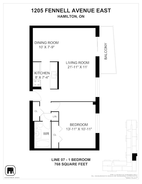 A floor plan for a rental apartment at 1205 Fennell Avenue East in Hamilton, Ontario.