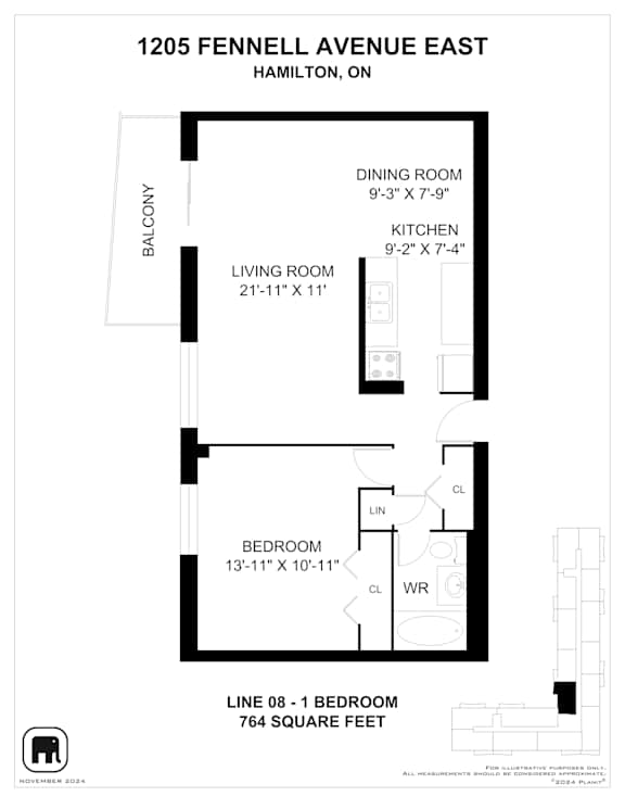 A floor plan for a home at 1205 Fennell Avenue East in Hamilton, Ontario.