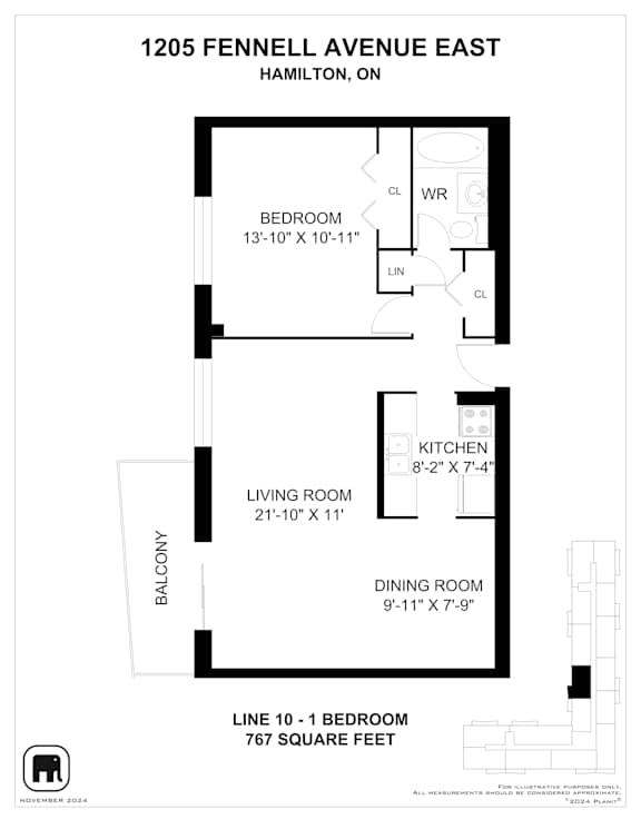 A floor plan for a one bedroom apartment at 1205 Fennell Avenue East in Hamilton, Ontario.