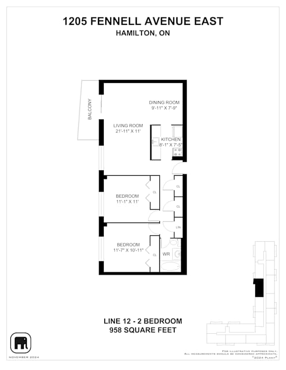 A floor plan for a two bedroom apartment at 1205 Fennell Avenue East in Hamilton, Ontario.