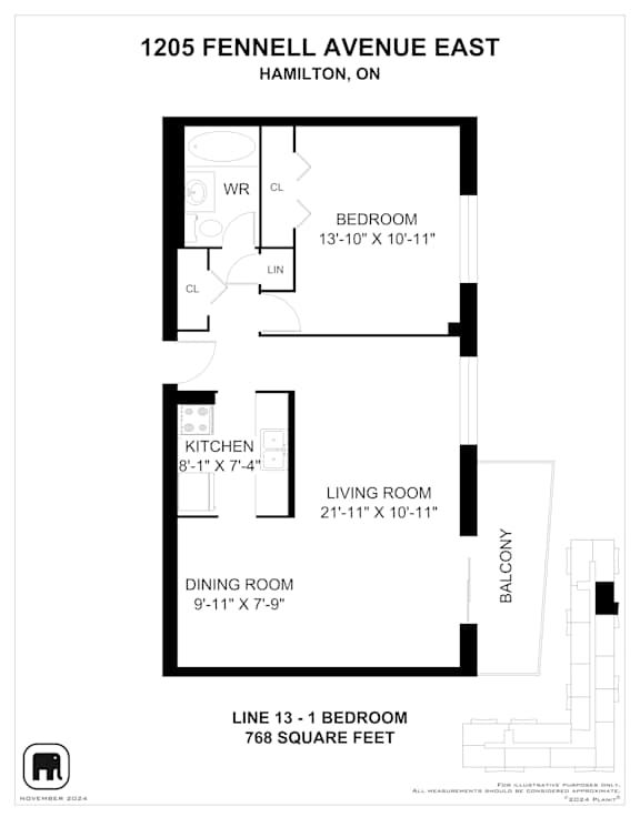 A floor plan for a home at 1205 Fennell Avenue East in Hamilton, Ontario.