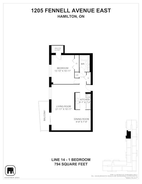 A floor plan for Line 14 - 1 Bedroom at 1205 Fennell Avenue East in Hamilton, Ontario.