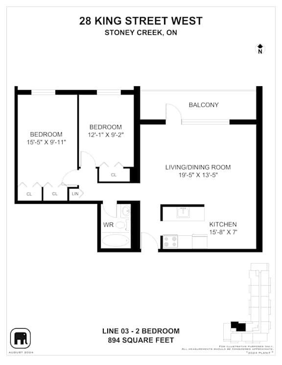 A floor plan for a property at 28 King Street West, Stoney Creek, Ontario, showing the layout of the bedrooms, living/dining room, kitchen, and balcony.