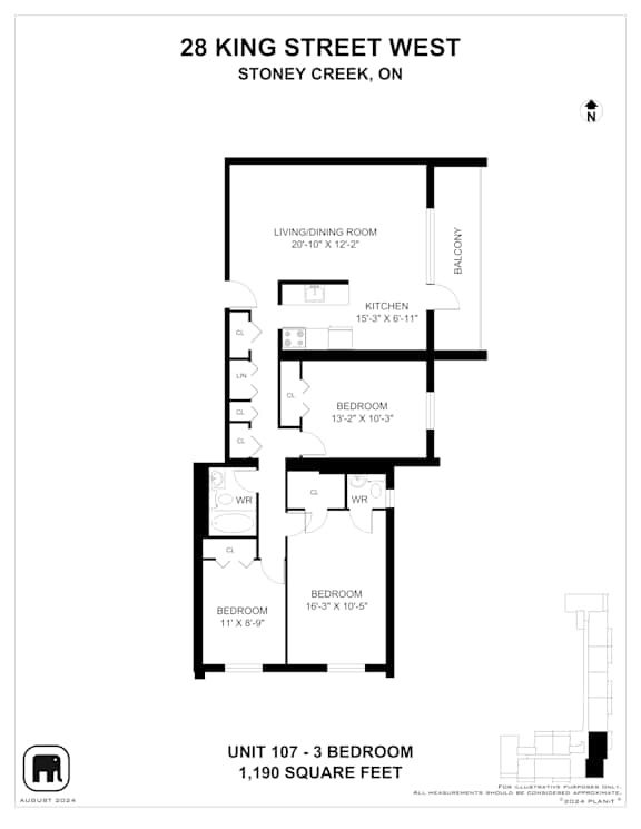 A floor plan for a unit at 28 King Street West, showing a living/dining room, kitchen, and two bedrooms.