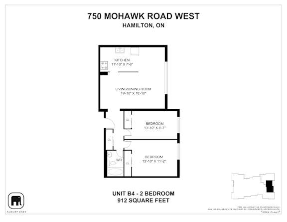 A floor plan for a 2 bedroom apartment at 750 Mohawk Road West, Hamilton, Ontario.