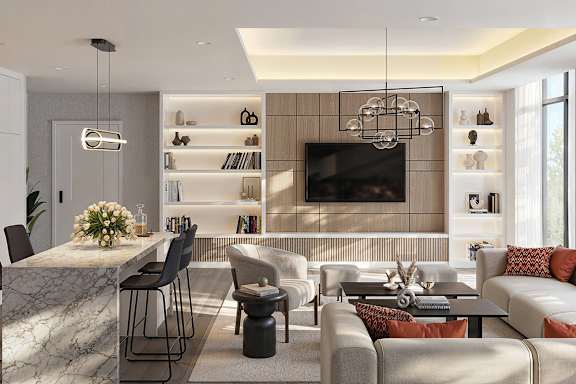 A modern living room with a marble table and a flat screen TV at Roxy Apartments, Hamilton