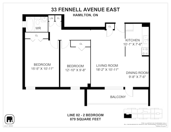 A floor plan for a two bedroom apartment at 33 Fennell Avenue East in Hamilton, Ontario.