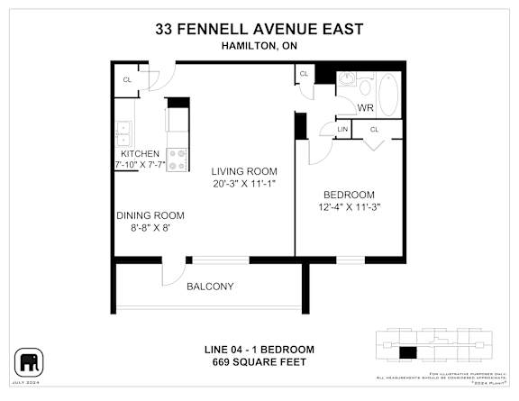 A floor plan for a one bedroom apartment at 33 Fennell Avenue East in Hamilton, Ontario.