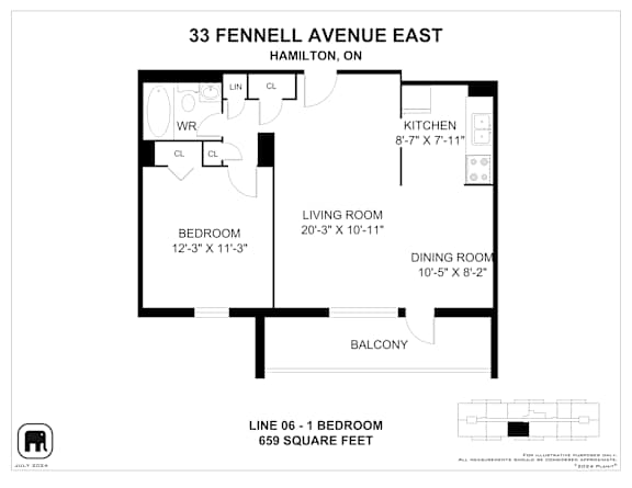 A floor plan for a home at 33 Fennell Avenue East in Hamilton, Ontario, showing the layout of the bedrooms, living and dining rooms, kitchen, and balcony.