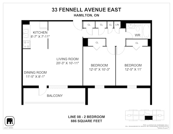 A floor plan for a two bedroom apartment at 33 Fennell Avenue East in Hamilton, Ontario.