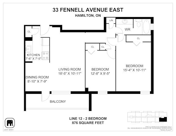 A floor plan for a home at 33 Fennell Avenue East in Hamilton, Ontario, showing the layout of the bedrooms, living room, dining room, kitchen, and balcony.