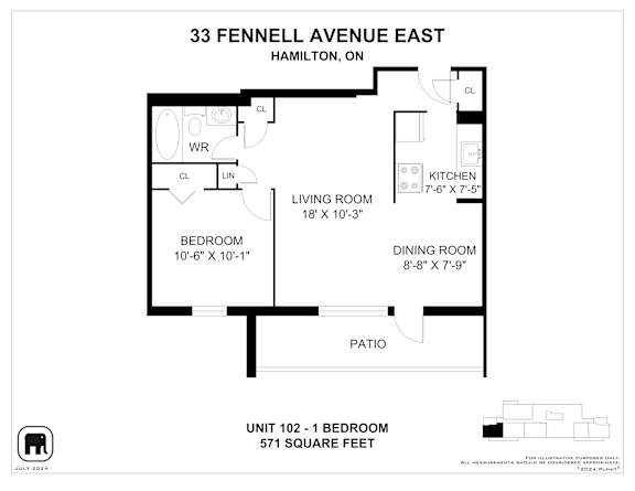 A floor plan for a unit at 33 Fennell Avenue East in Hamilton, Ontario.